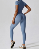 Hot Sale All-In-One Design Zipper Front Short Sleeve Slim Outside Wear Running Yoga Jumpsuit Black Blue Coffee Apricot S-XL