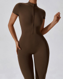 Hot Sale All-In-One Design Zipper Front Short Sleeve Slim Outside Wear Running Yoga Jumpsuit Black Blue Coffee Apricot S-XL