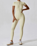 Hot Sale All-In-One Design Zipper Front Short Sleeve Slim Outside Wear Running Yoga Jumpsuit Black Blue Coffee Apricot S-XL