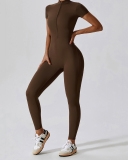 Hot Sale All-In-One Design Zipper Front Short Sleeve Slim Outside Wear Running Yoga Jumpsuit Black Blue Coffee Apricot S-XL
