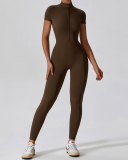 Hot Sale All-In-One Design Zipper Front Short Sleeve Slim Outside Wear Running Yoga Jumpsuit Black Blue Coffee Apricot S-XL
