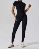 Hot Sale All-In-One Design Zipper Front Short Sleeve Slim Outside Wear Running Yoga Jumpsuit Black Blue Coffee Apricot S-XL