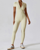 Hot Sale All-In-One Design Zipper Front Short Sleeve Slim Outside Wear Running Yoga Jumpsuit Black Blue Coffee Apricot S-XL