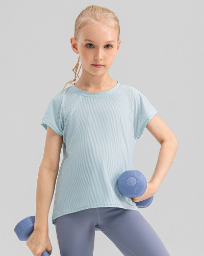 Girl Kids Loose Quick Dry O Neck Short Sleeve T-shirts Blue Pink Yellow Gray 120-150
