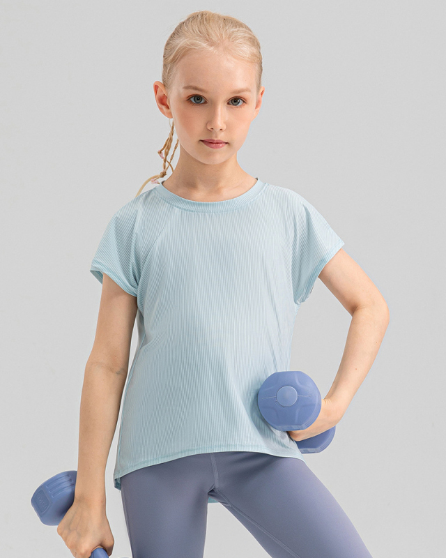 Girl Kids Loose Quick Dry O Neck Short Sleeve T-shirts Blue Pink Yellow Gray 120-150