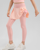 Girls Fitness Fake Two Piece Skirts Outside Wear Sports Leggings Yellow Pink Purple Black 120-150