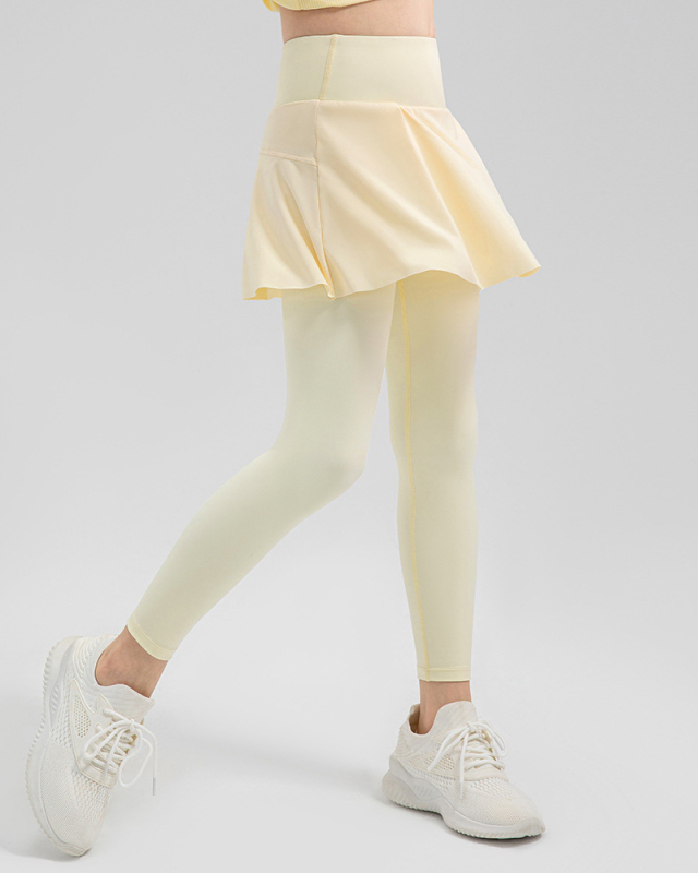 Girls Fitness Fake Two Piece Skirts Outside Wear Sports Leggings Yellow Pink Purple Black 120-150