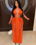 Hot Sale Summer Tassel Knit Beach Wear Skirt Sets Two Pieces Outfit Black Rosy White Orange S-XL