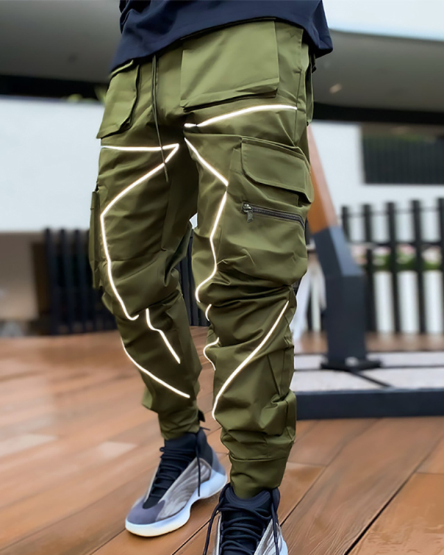 Summer Men Casual Steet Style Refletive Line Pocket Pants M-3XL