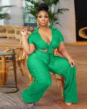 Women Ruched Strappy Tops Wide Leg Pants Sets Two Pieces Outfit Black Green Rosy S-2XL