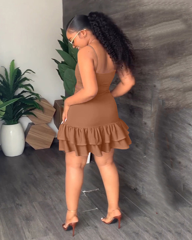 Women Sexy Sling Low Neck Bodycon Ruffer Mini Dresses Black Brown Rosy Wine Red S-2XL