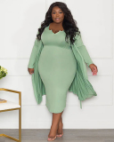 New Causal Women Long Sleeve Coat Sleeveless Midi Dress Plus Size Two Piece Sets Light Green Orange Black Blue L-4XL