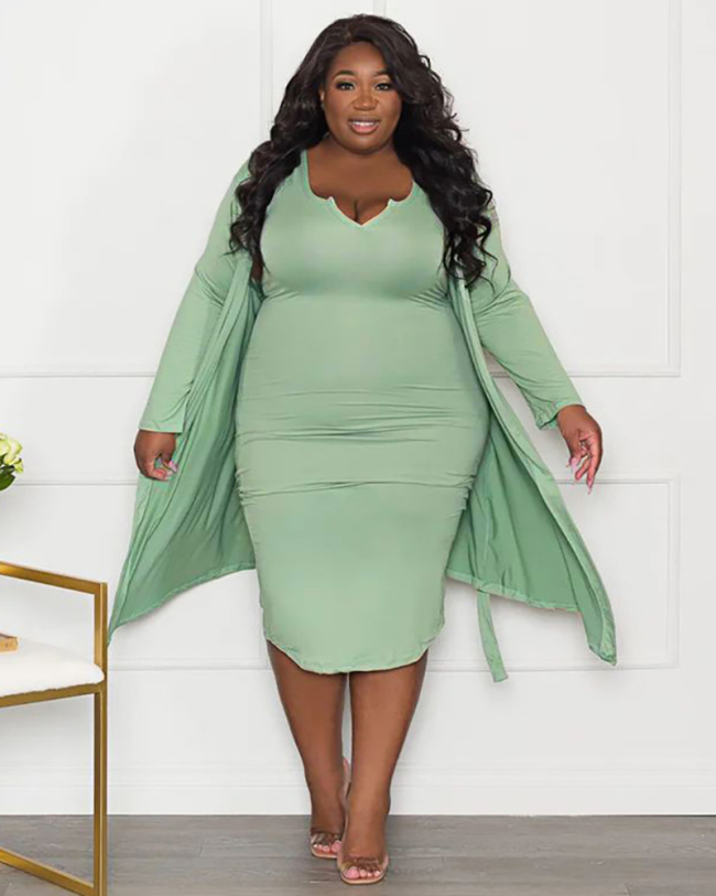 New Causal Women Long Sleeve Coat Sleeveless Midi Dress Plus Size Two Piece Sets Light Green Orange Black Blue L-4XL