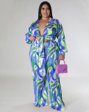 Autumn New Long Sleeve Lapel Wide Leg Plus Size Two Piece Sets Pink Purple Blue L-4XL