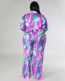 Autumn New Long Sleeve Lapel Wide Leg Plus Size Two Piece Sets Pink Purple Blue L-4XL