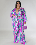 Autumn New Long Sleeve Lapel Wide Leg Plus Size Two Piece Sets Pink Purple Blue L-4XL