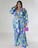 Autumn New Long Sleeve Lapel Wide Leg Plus Size Two Piece Sets Pink Purple Blue L-4XL