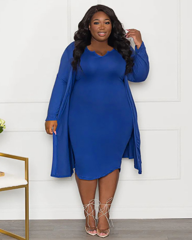 New Causal Women Long Sleeve Coat Sleeveless Midi Dress Plus Size Two Piece Sets Light Green Orange Black Blue L-4XL