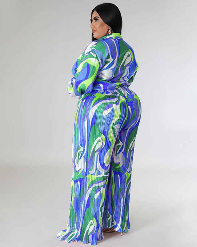 Autumn New Long Sleeve Lapel Wide Leg Plus Size Two Piece Sets Pink Purple Blue L-4XL