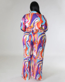Autumn New Long Sleeve Lapel Wide Leg Plus Size Two Piece Sets Pink Purple Blue L-4XL