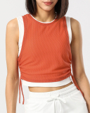 Women Sleeveless Mesh Breathable Colorblock Side Drawstring Sports Vest White Orange Blue S-XL