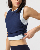 Women Sleeveless Mesh Breathable Colorblock Side Drawstring Sports Vest White Orange Blue S-XL