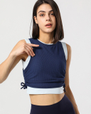 Women Sleeveless Mesh Breathable Colorblock Side Drawstring Sports Vest White Orange Blue S-XL