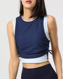 Women Sleeveless Mesh Breathable Colorblock Side Drawstring Sports Vest White Orange Blue S-XL