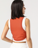 Women Sleeveless Mesh Breathable Colorblock Side Drawstring Sports Vest White Orange Blue S-XL