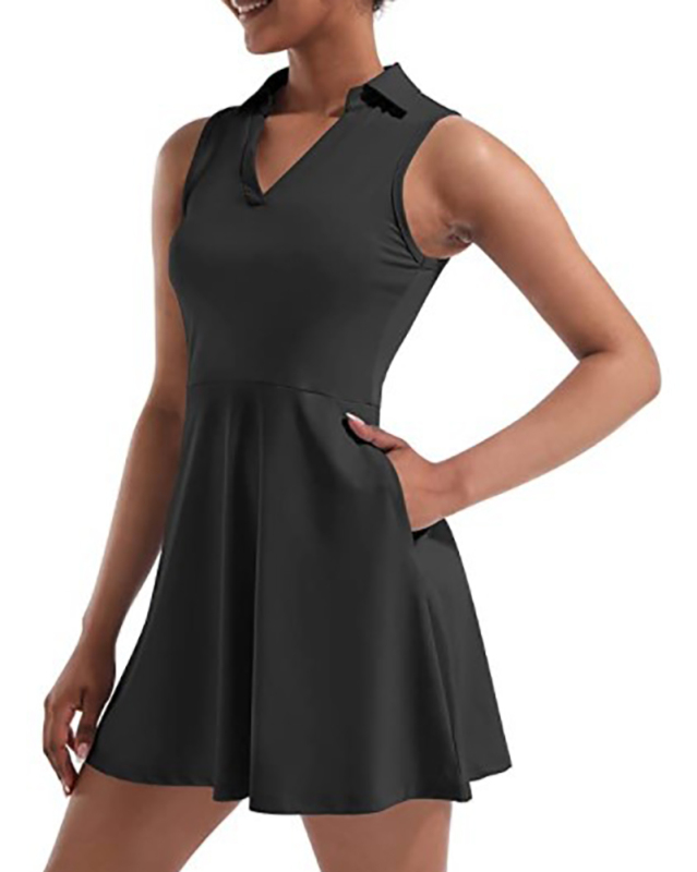 Women Lapel Sleeveless 4 Pocket Golf Tennis Dress White Black Pink Light Blue Navy Blue S-XL