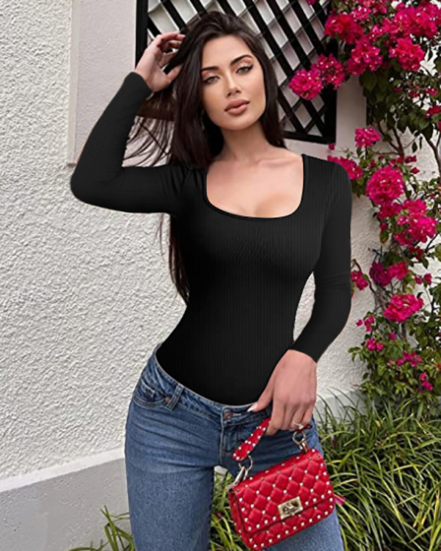 Long Sleeve Solid Color Women Bodysuit S-2XL