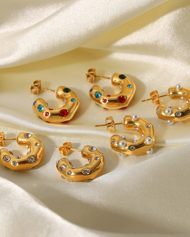 C Earrings Zircon Pearl 18K Gold Stainless Steel Earrings