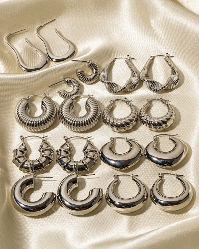 Steel Color Stainless Steel Smooth Hollow Earrings Fashion All-In-One Hoop Earrings