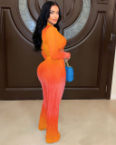 Women Gradient Color Deep V Long Sleeve Top and Trousers Two-Piece Pant Set