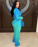 Women Gradient Color Deep V Long Sleeve Top and Trousers Two-Piece Pant Set