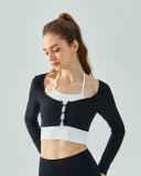 Colorblock Fake Two Pieces Long Sleeve Slim Quick Dry Yoga Tops, S-XL