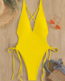 Open Back Deep V-neck Women One Piece Swimwear