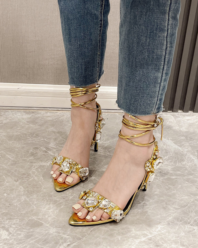 High-heeled sandals female summer  cross straps rhinestone open-toe women's shoes