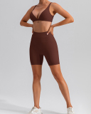Women Quick Dry Tight Running Training Shorts Sets Yoga Two-piece Sets Black Beige Deep Brown Light Green Mocha S-XL