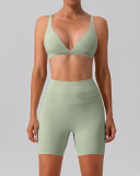 Women Quick Dry Tight Running Training Shorts Sets Yoga Two-piece Sets Black Beige Deep Brown Light Green Mocha S-XL