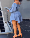 Light Blue Off Shoulder Women Autumn Dress M-3XL