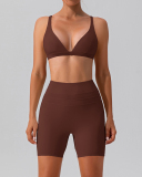 Women Quick Dry Tight Running Training Shorts Sets Yoga Two-piece Sets Black Beige Deep Brown Light Green Mocha S-XL