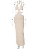 Ins Style Vacation Hollow Out Halter Neck Sexy Knit Maxi Dress White Khaki Light Yellow Black Red Pink S-L