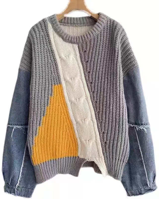 Loose Style Women Dropped Shoulder Denim Patchwork Cardigan One size