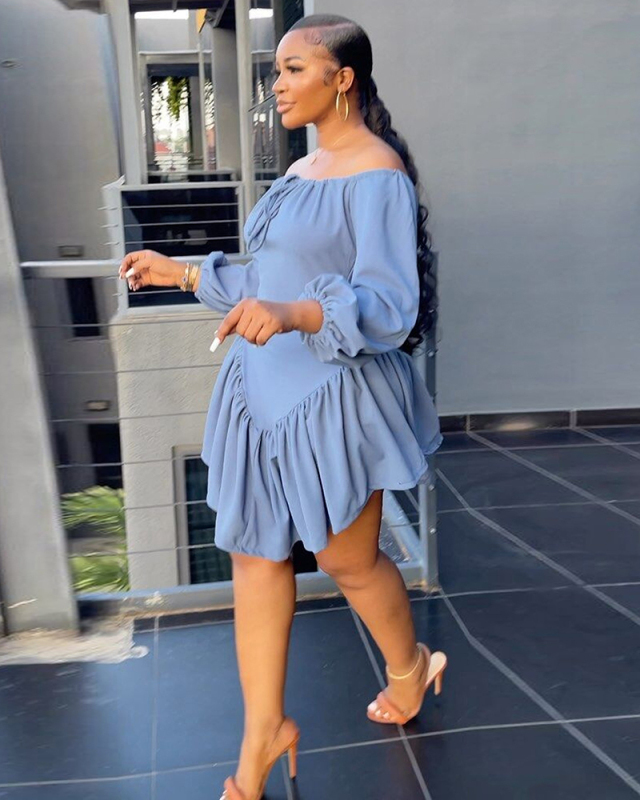 Light Blue Off Shoulder Women Autumn Dress M-3XL