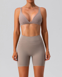Women Quick Dry Tight Running Training Shorts Sets Yoga Two-piece Sets Black Beige Deep Brown Light Green Mocha S-XL