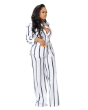 Women Long Sleeve Lapel Fashion Striped Shirt Loose Wide Leg Pnats Sets Two Pieces Outfit Yellow Orange Blue White Black Pink Green Red S-2XL
