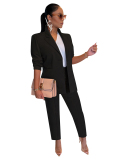 Women Long Sleeve Solid Color Business Suit Two Pieces Outfit Pants Sets Black Red Blue White Rosy Apricot S-2XL