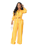 Women Long Sleeve Lapel Fashion Striped Shirt Loose Wide Leg Pnats Sets Two Pieces Outfit Yellow Orange Blue White Black Pink Green Red S-2XL