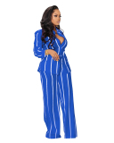 Women Long Sleeve Lapel Fashion Striped Shirt Loose Wide Leg Pnats Sets Two Pieces Outfit Yellow Orange Blue White Black Pink Green Red S-2XL